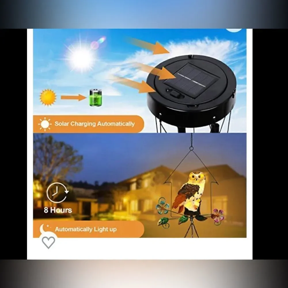 Solar OWL Wind-chimes. Outdoor decor solar powered lights up at night.